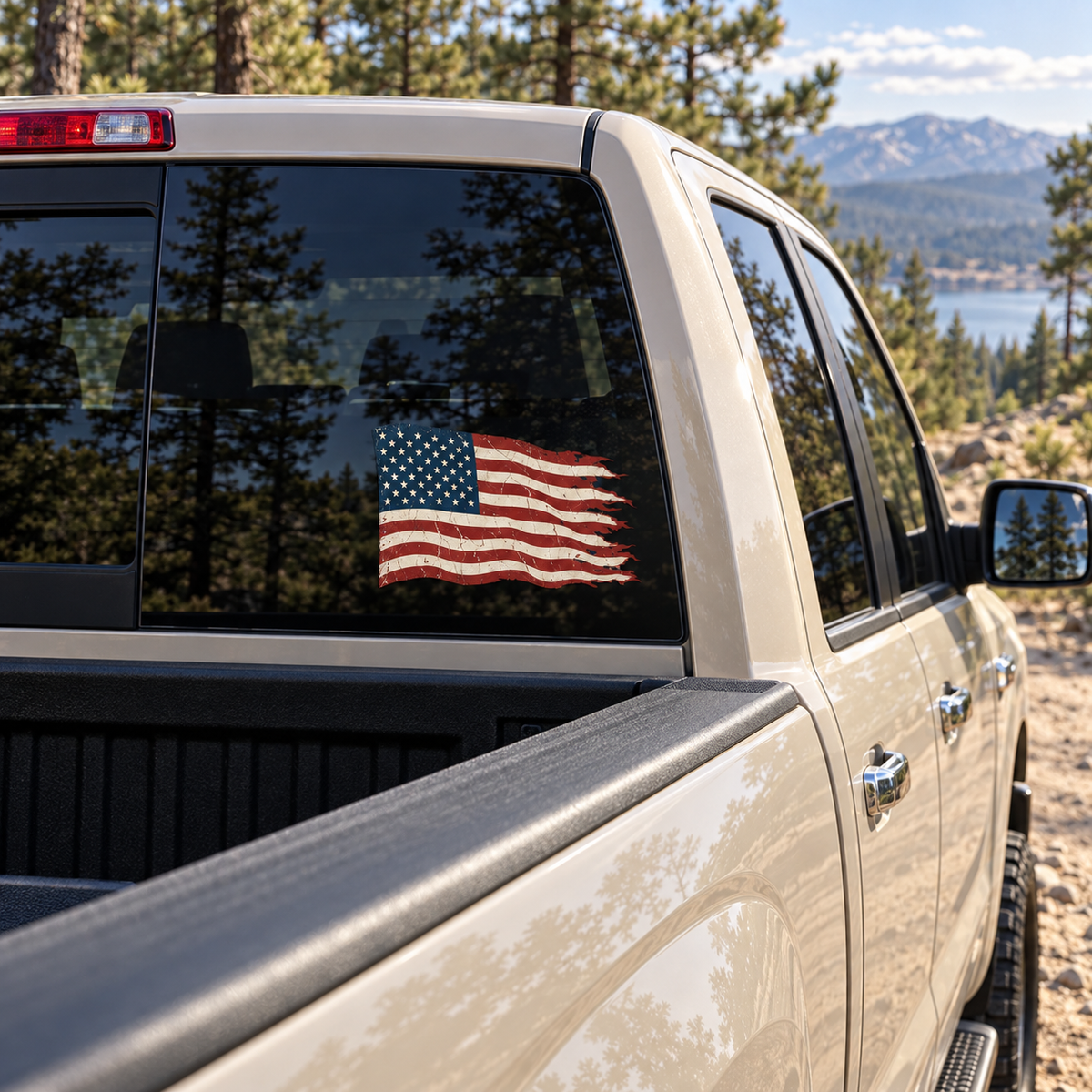 Tattered American Flag — rear window, right