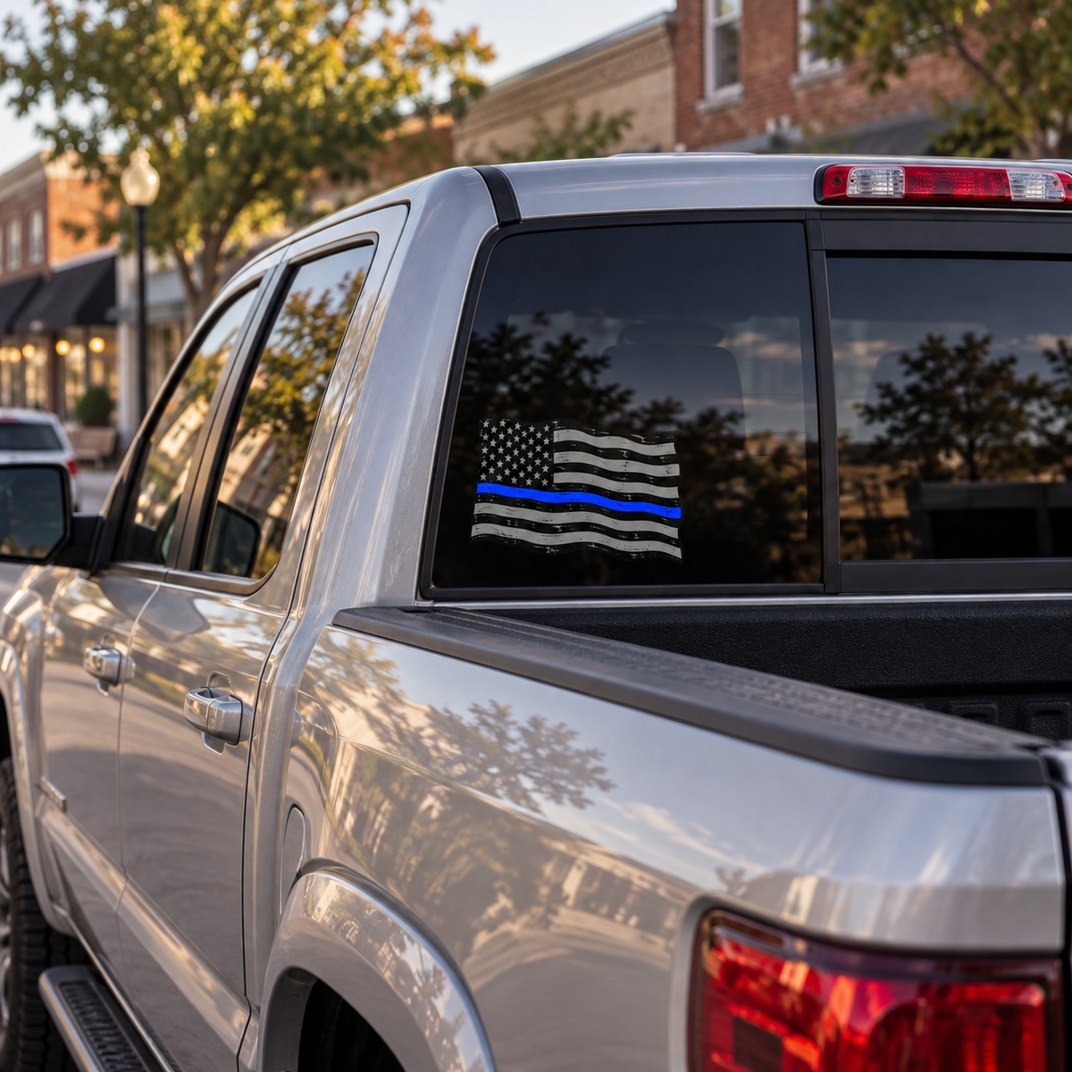 Blue Stripe Flag — rear window, left